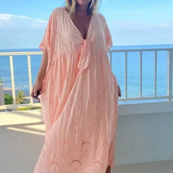 Young Fabulous & Broke Dresses & Skirts - Young Fabulous & Broke YFB Peach Eyelet Kimono Maxi Cover Up Dress Sz S